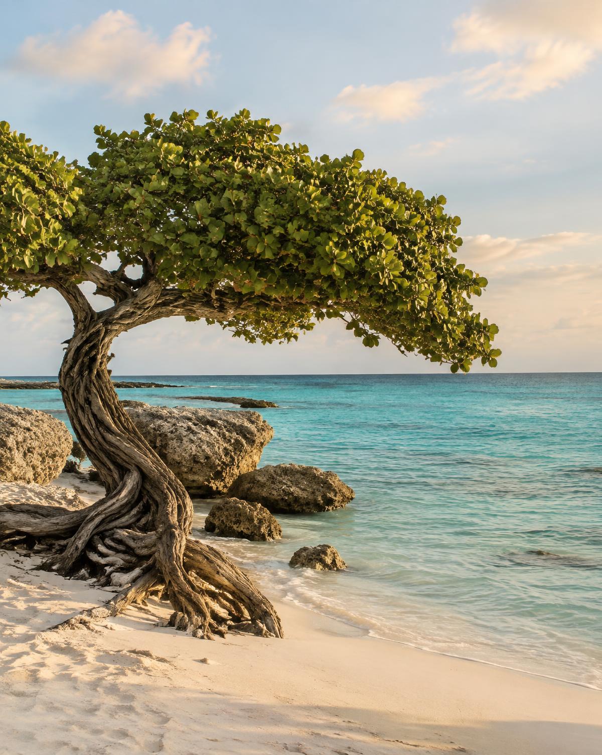 Divi-divi tree leaning over pale sand and turquoise water on an Aruba beach