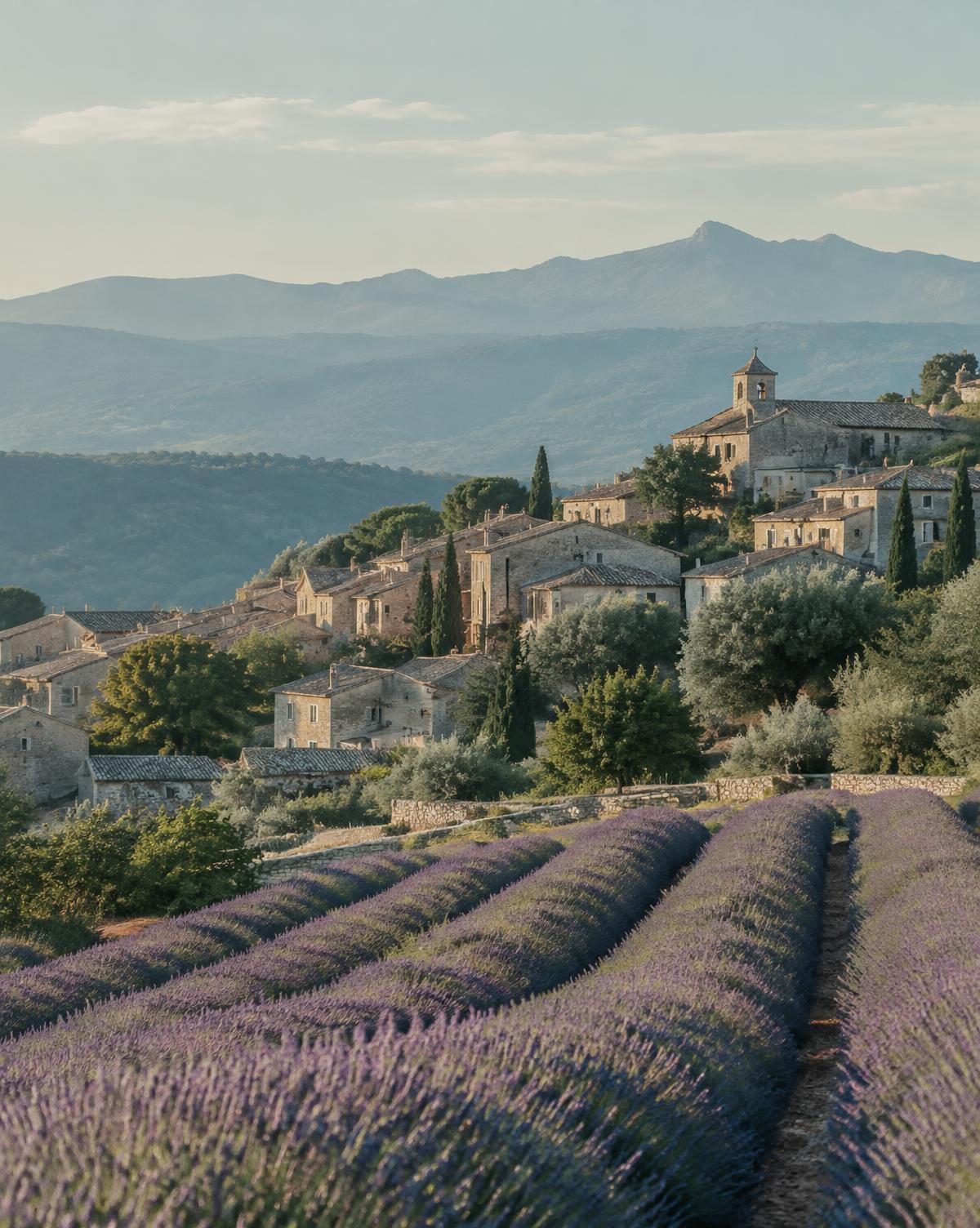 Stone hilltop village above lavender fields in soft morning light in Provence