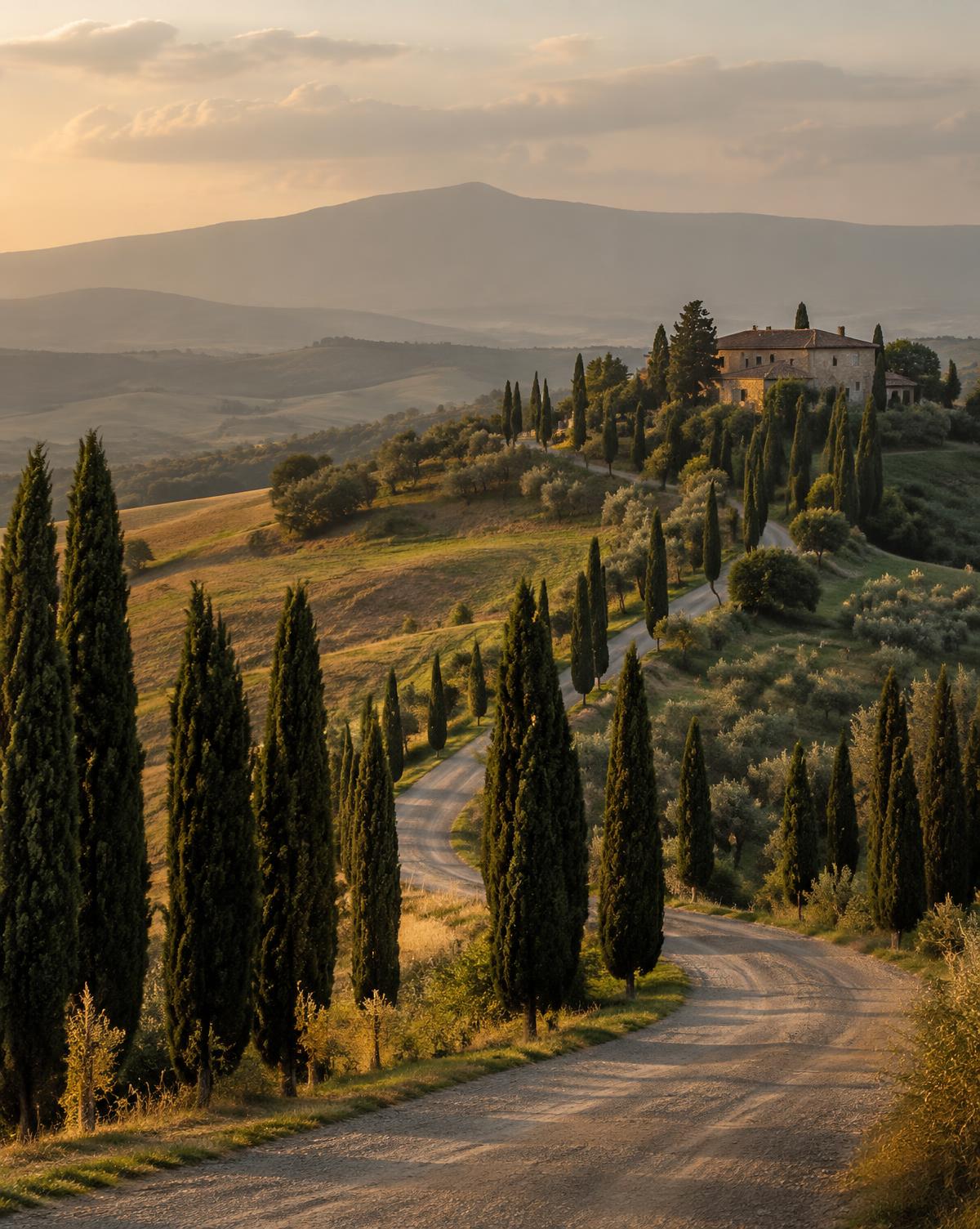 Cypress-lined country road winding through golden Tuscan hills at sunset