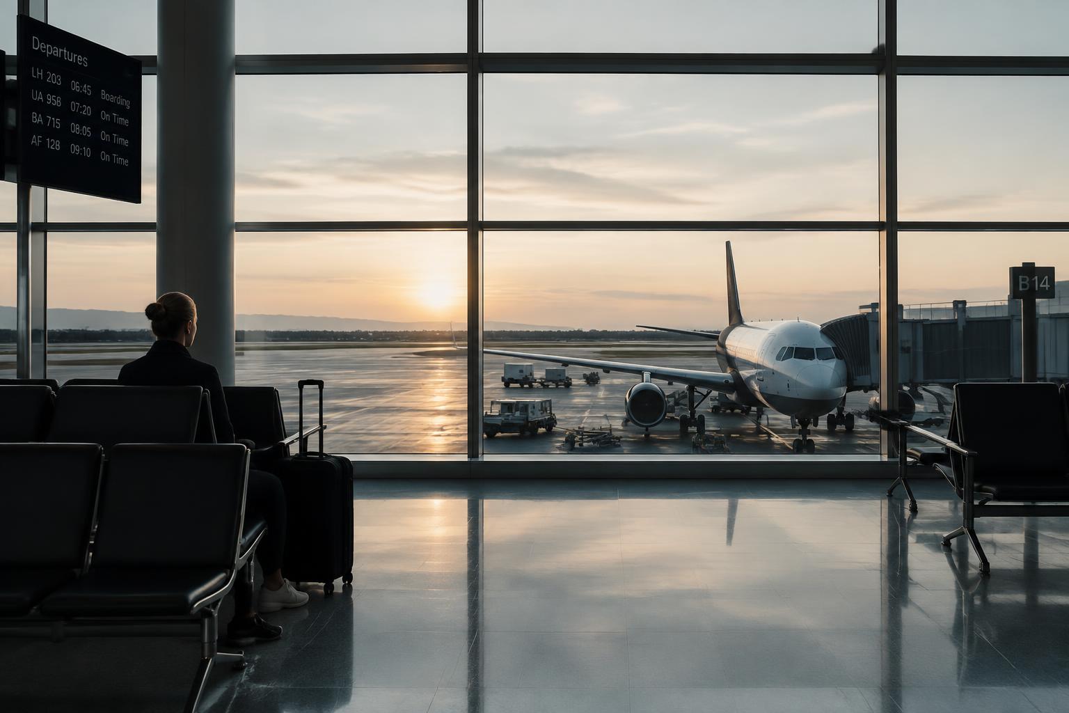 Quiet airport terminal at sunrise with an aircraft at the gate
