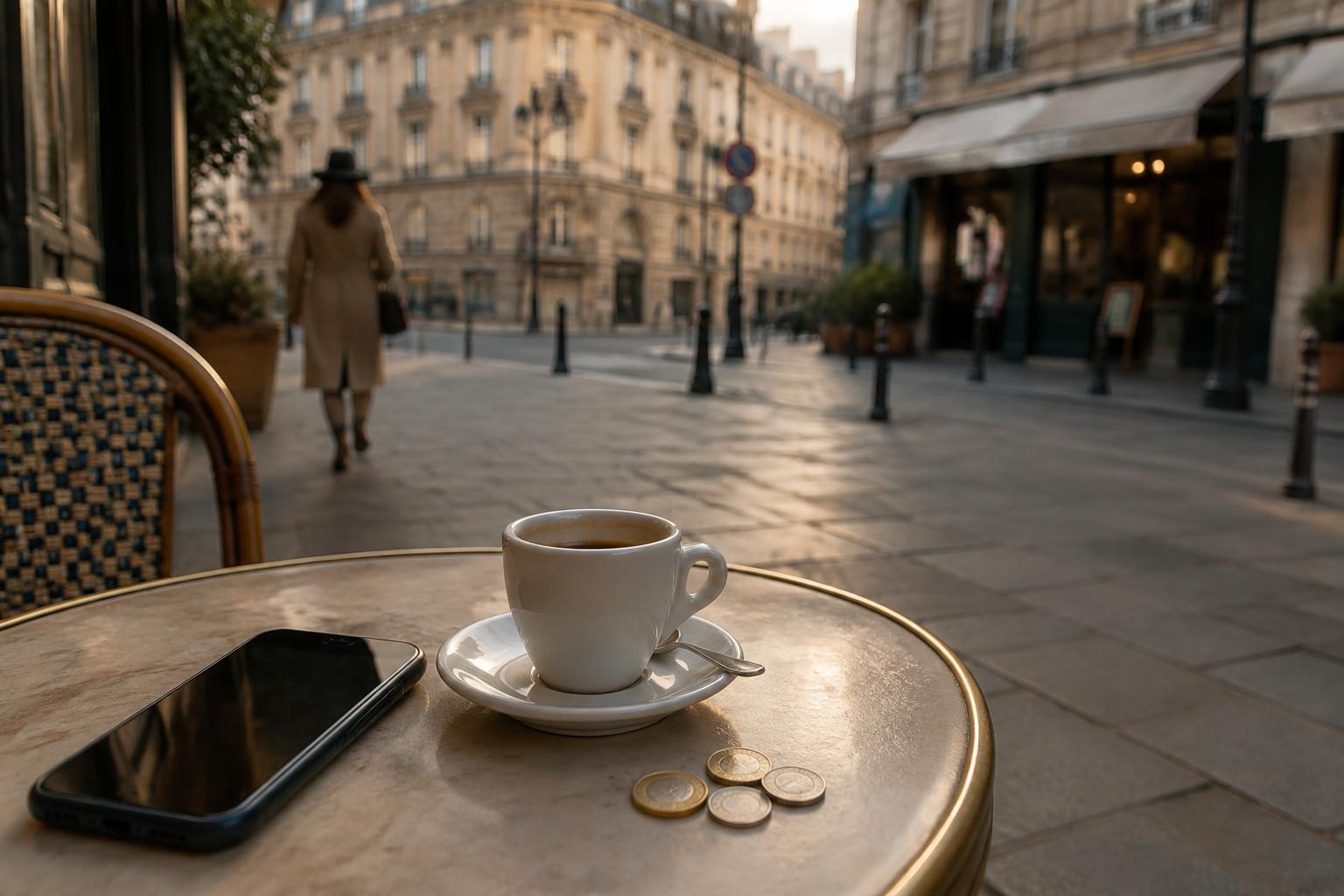 Espresso, phone and coins on a café table in a European street