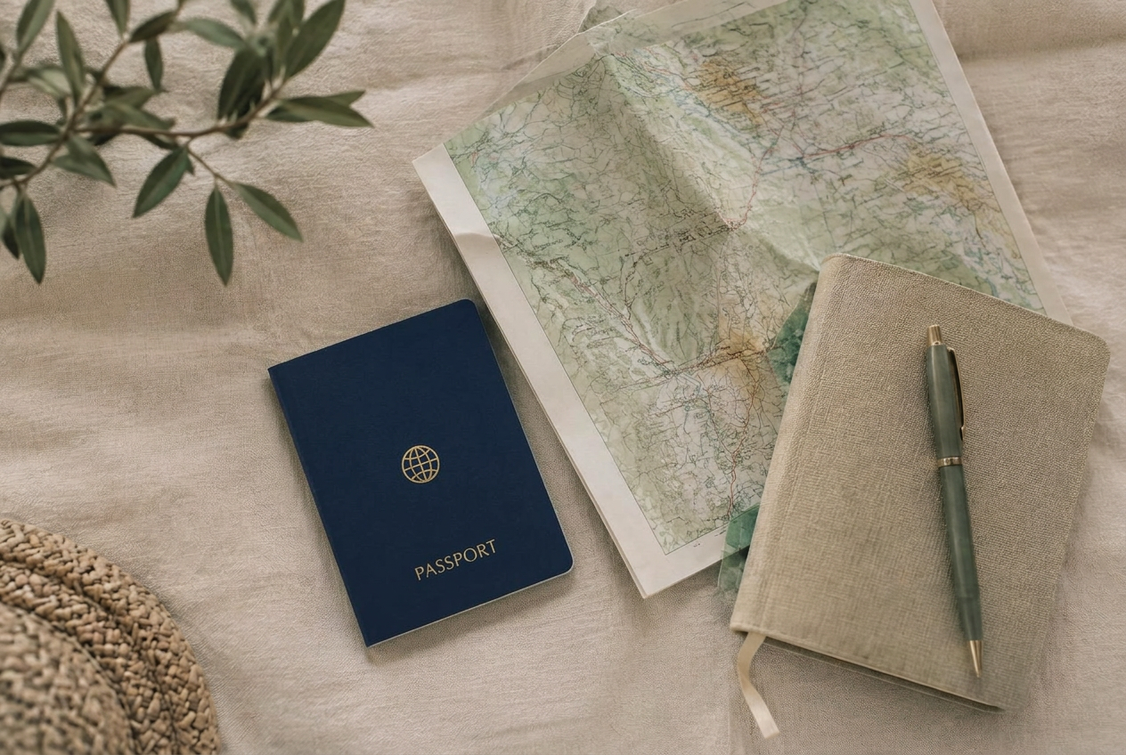 Passport, paper map and linen notebook laid out on a table