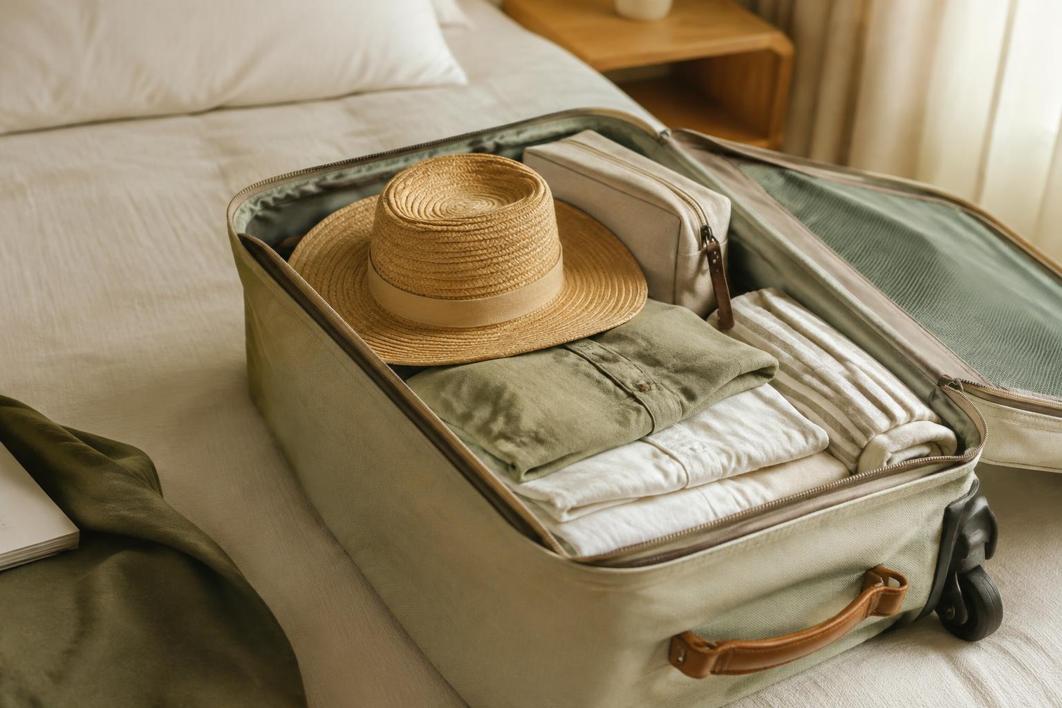 Neatly packed suitcase with linen clothes and a sun hat