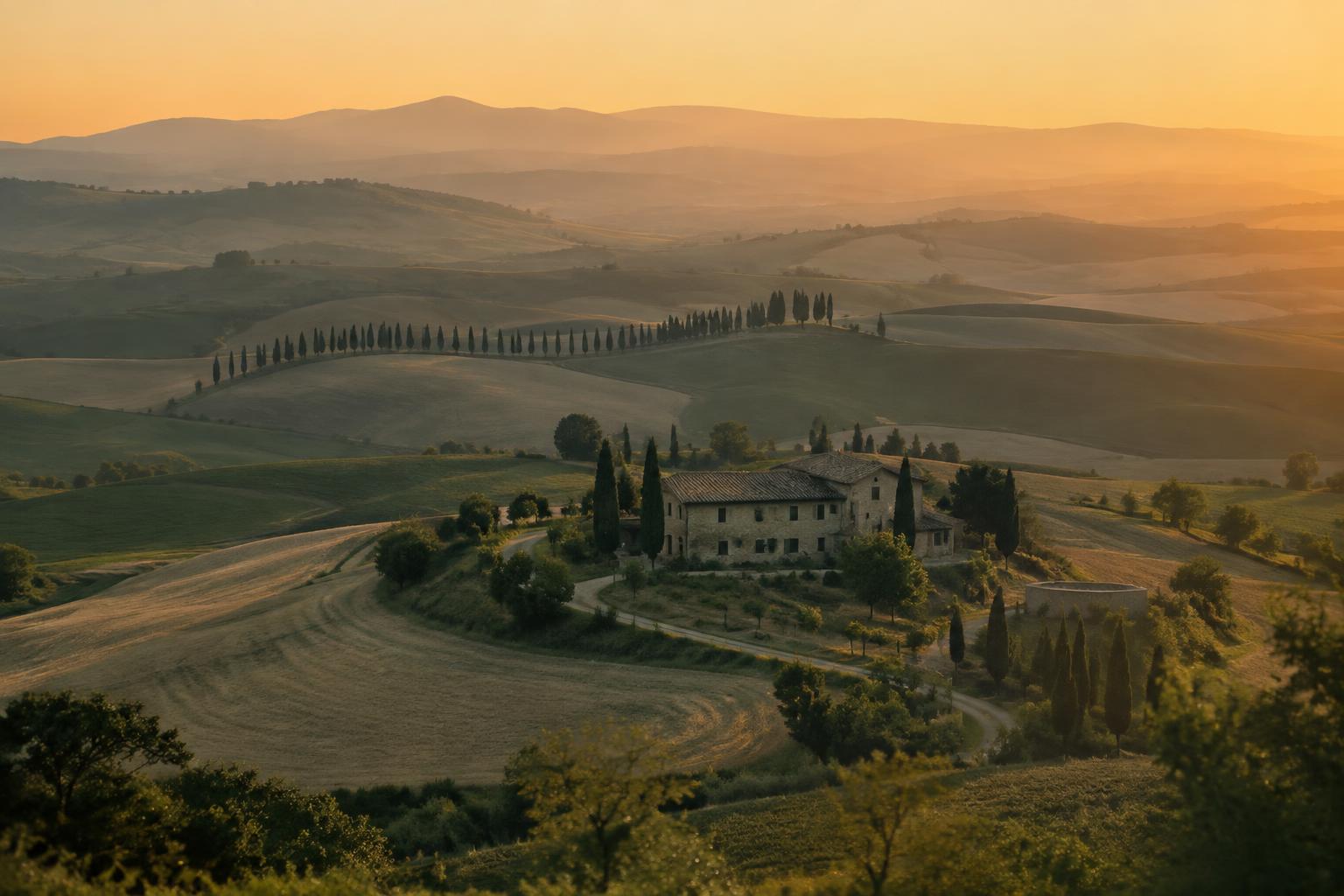 Cypress-lined road through the Tuscan countryside at golden hour